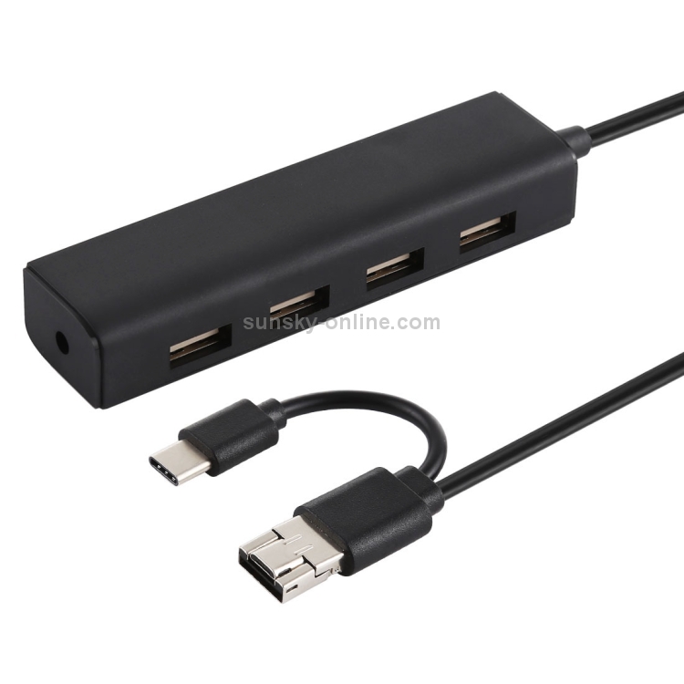 Convertidor 3 en 1 USB-C / Type-C + Micro USB + 4 puertos USB 2.0 HUB, Longitud del cable: 12 cm (Negro) - 1