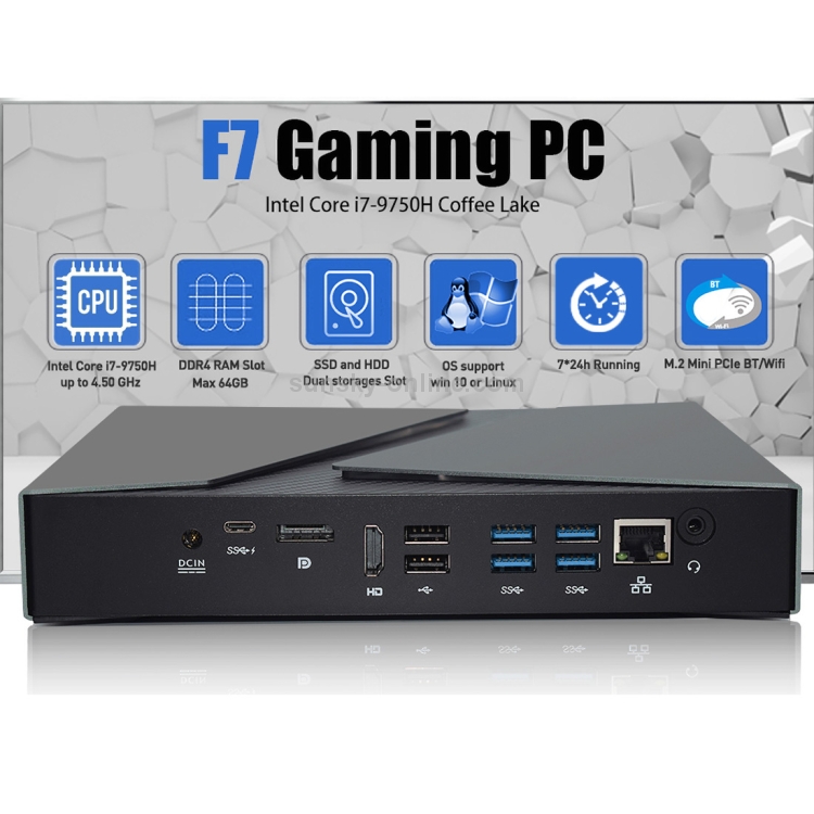 HYSTOU F7 PC para juegos con sistema Windows 10 o Linux sin RAM y SSD, Intel Core i7-9750H Coffee Lake 6 Core 12 hilos de hasta 4.50GHz, soporte M.2, WiFi - 4