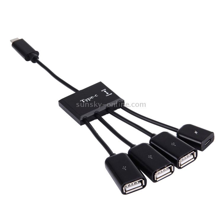 Cable portátil 4 en 1 USB-C / Type-C a 3 puertos USB 2.0 OTG HUB con fuente de alimentación micro USB - 1