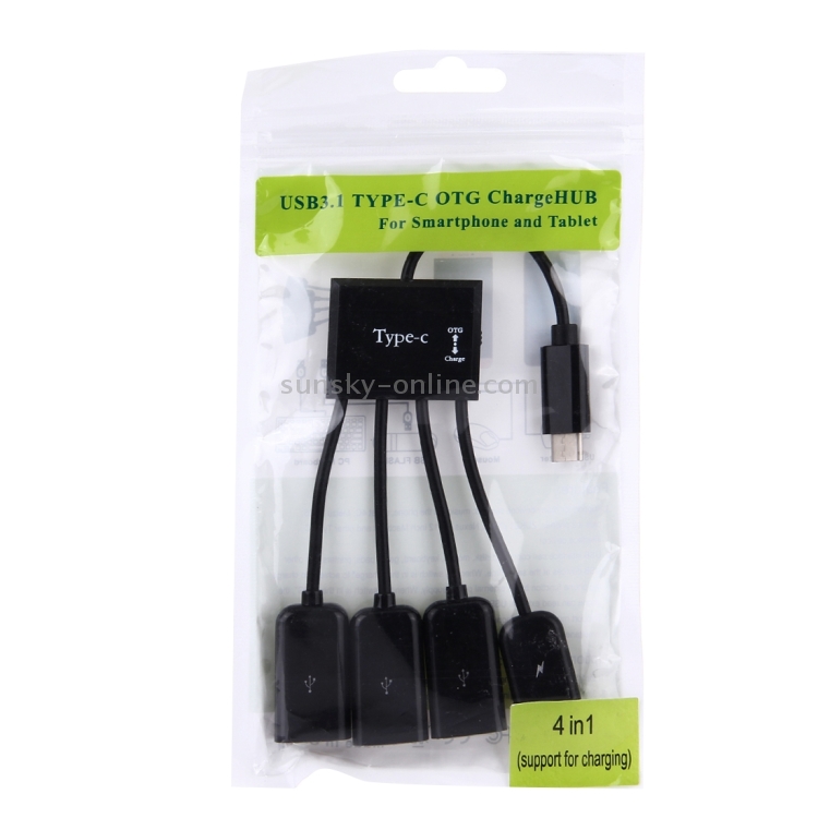Cable portátil 4 en 1 USB-C / Type-C a 3 puertos USB 2.0 OTG HUB con fuente de alimentación micro USB - 5
