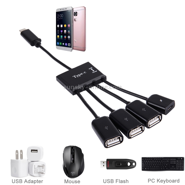 Cable portátil 4 en 1 USB-C / Type-C a 3 puertos USB 2.0 OTG HUB con fuente de alimentación micro USB - 6