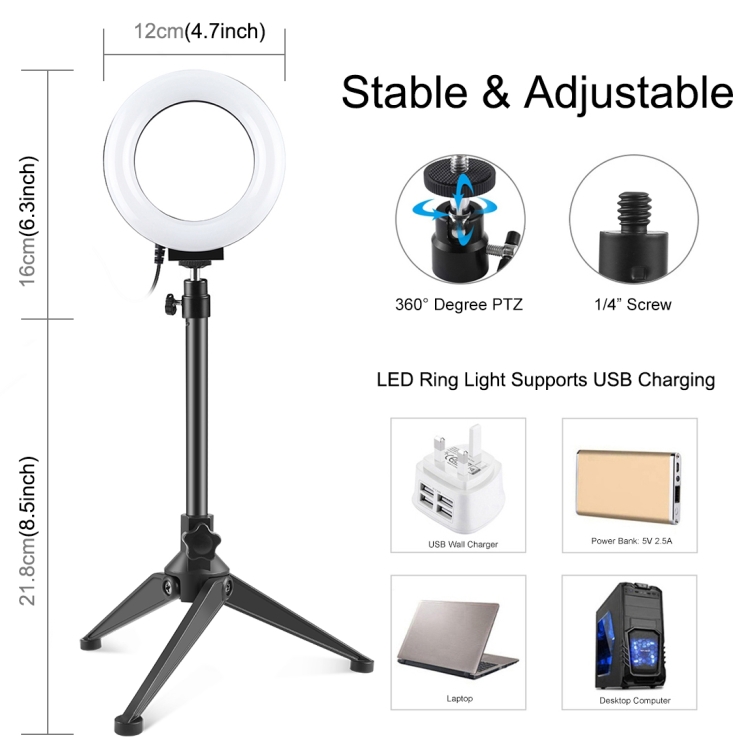 PULUZ 4.7 inch 12cm USB 3 Modes Dimmable LED Ring Vlogging Photography Video Lights + Desktop Tripod Holder with Cold Shoe Tripod Ball Head - 2