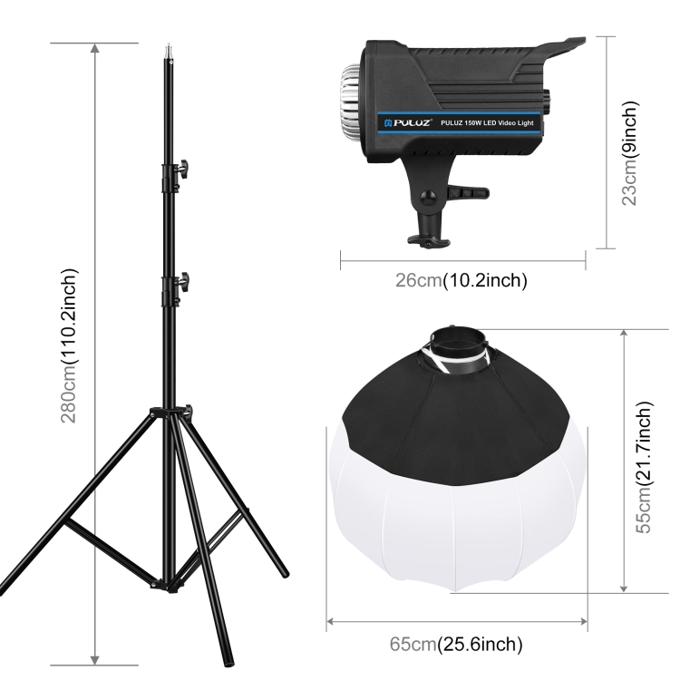 PULUZ 220V150W 3200K-5600K Studio Video Light + 2.8m Light Holder + 65cm  Foldable Lantern Softbox Photography Kit(AU Plug)