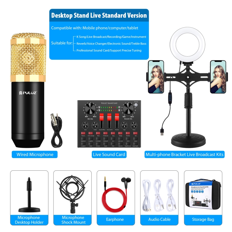 PULUZ Microfono Kit di schede audio live con luce desktop selfie e borsa da  trasporto, versione inglese (nero)