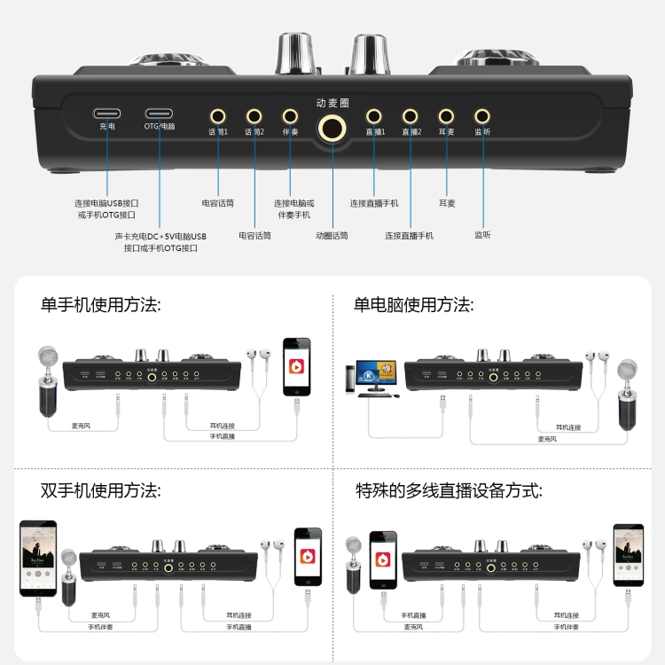 Kit de tarjeta de sonido en vivo de micrófono PULUZ con soporte de 1.6 m de la luz de anillo selfie, versión china (negro) - 3