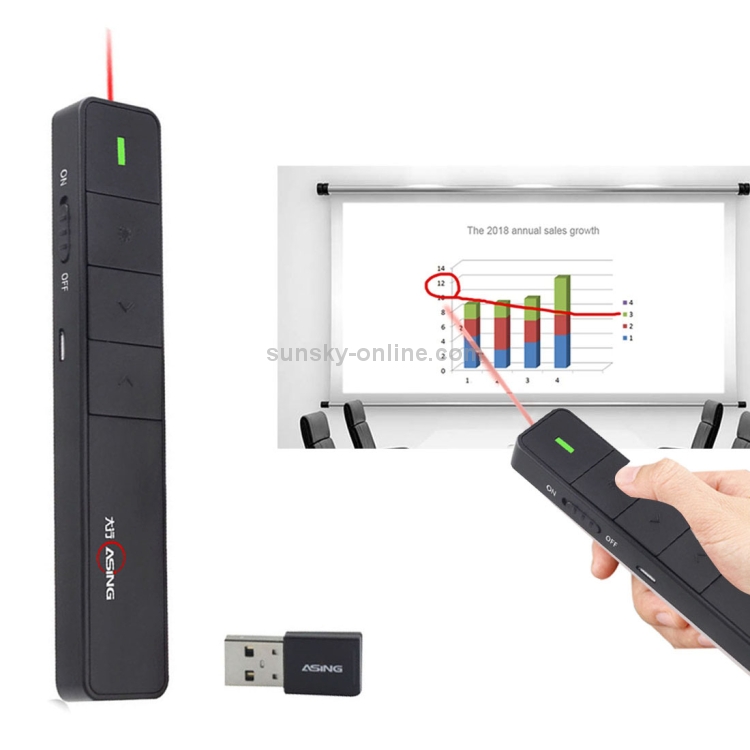 ASiNG A218 Carga USB 2.4GHz Presentador Inalámbrico PowerPoint Clicker Representación Puntero de Control Remoto, Distancia de Control: 100m (Negro) - 10