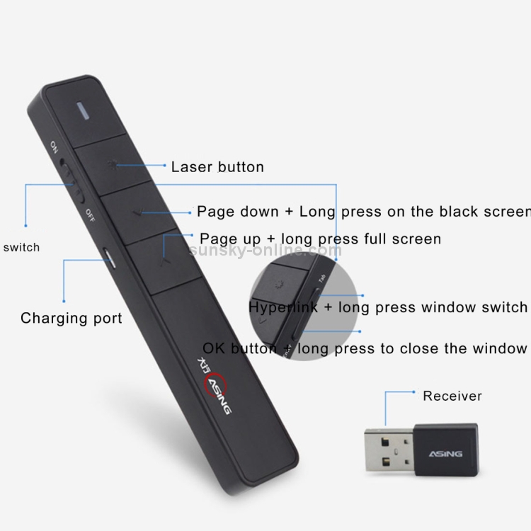 ASiNG A218 Carga USB 2.4GHz Presentador Inalámbrico PowerPoint Clicker Representación Puntero de Control Remoto, Distancia de Control: 100m (Negro) - 4