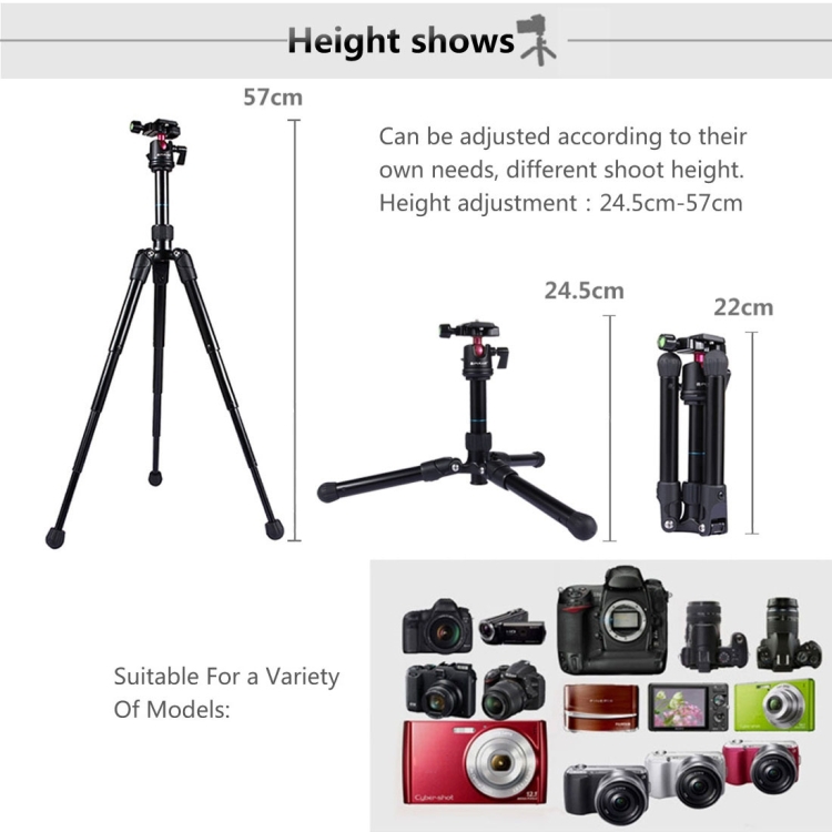 Camera Accessories Pocket Mini Microspur Photos Magnesium Alloy Tripod Mount with 360 Degree Ball Head for DSLR & Digital Camera Black Adjustable Height: 24.5-57cm Load Max: 3kg