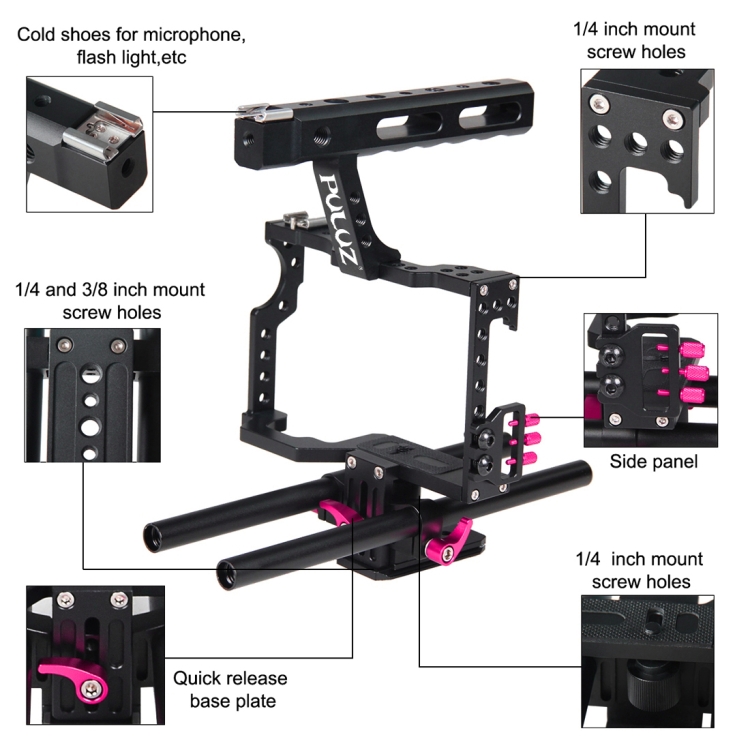 PULUZ Camera Cage Handle Stabilizer for Sony A7 & A7S & A7R, A7 II & A7R II & A7S II, A7R III & A7S III, A7R IV, A6000, A6500, A6300, Panasonic Lumix DMC-GH4(Rose Red) - 6