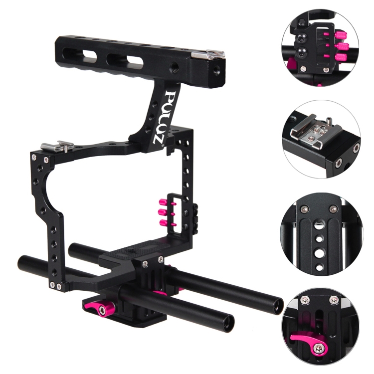 PULUZ Camera Cage Handle Stabilizer for Sony A7 & A7S & A7R, A7 II & A7R II & A7S II, A7R III & A7S III, A7R IV, A6000, A6500, A6300, Panasonic Lumix DMC-GH4(Rose Red) - 7