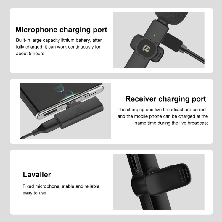 Micrófono lavalier inalámbrico de reducción de ruido inteligente PULUZ para dispositivo Tipo-C / USB-C (Negro) - 2