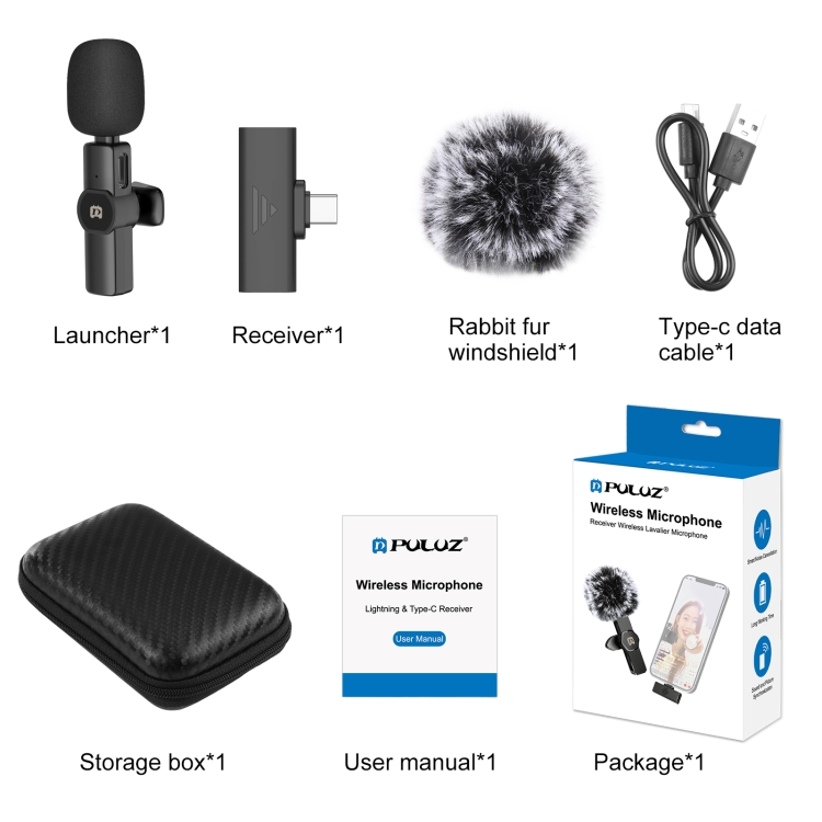 Micrófono lavalier inalámbrico de reducción de ruido inteligente PULUZ para dispositivo Tipo-C / USB-C (Negro) - 9