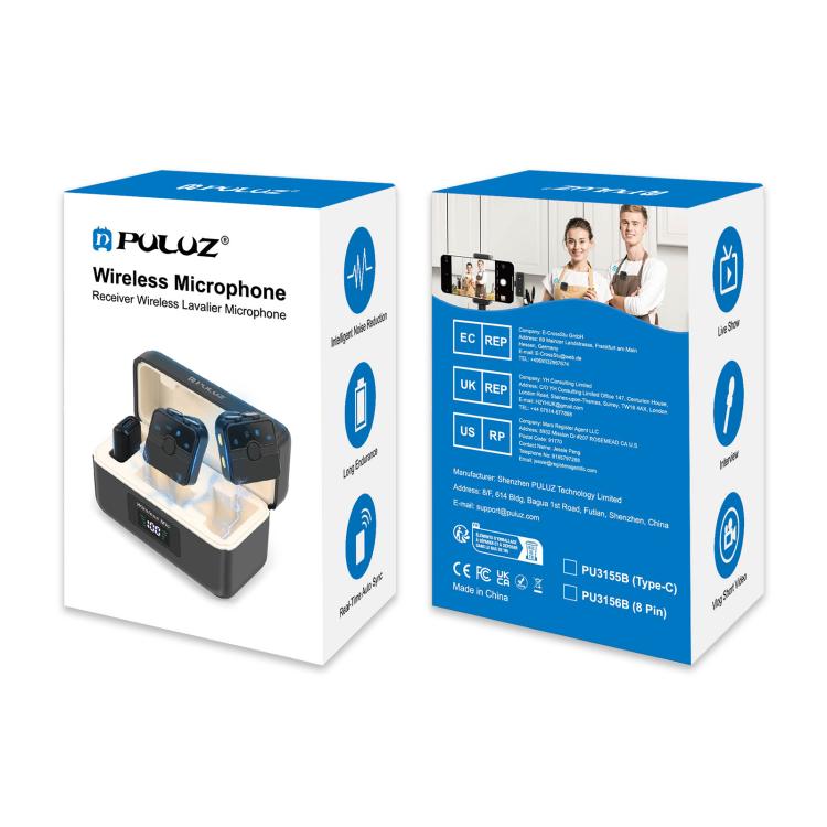 PULUZ Magnetic Lavalier Wireless Microphone with Charging Case Box, Type-C RX Receiver and 2 TX Microphones (Black)