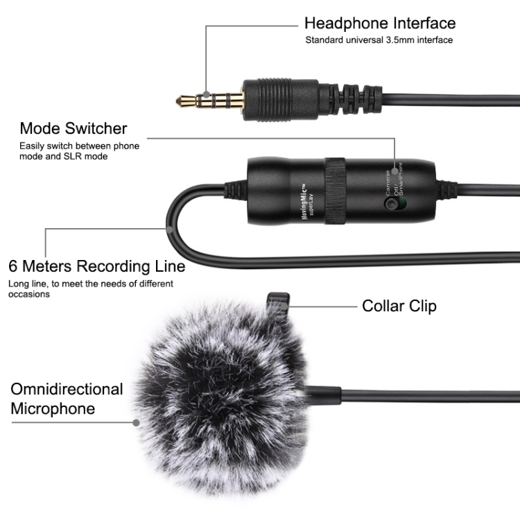 PULUZ Micrófono de video de grabación de condensador omnidireccional Jack Lavalier de 3,5 mm, longitud: 6 m - 2