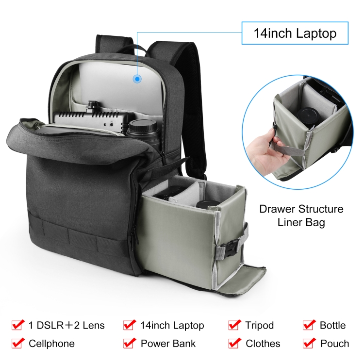 PULUZ Outdoor Portable Camera Dual Shoulders Backpack Laptop Bag (Black) - 3