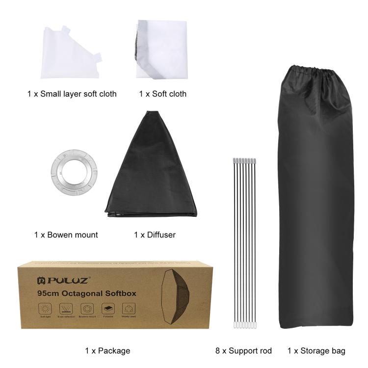 [US Warehouse] PULUZ 95cm Speedlite Flash Octagon Parabolic Softbox Bowens Mount Diffuser