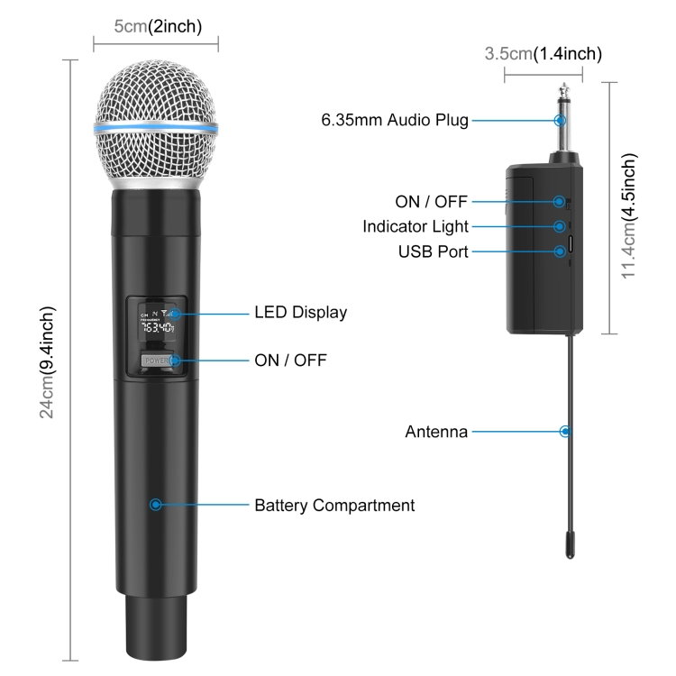 Micrófonos inalámbricos PULUZ 1 a 2 con pantalla LED, transmisor de 6,35 mm (negro) - 2