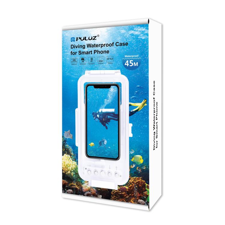 PULUZ 45m/147ft Waterproof Diving Case Photo Video Taking Underwater Housing Cover for iPhone 14 Series, iPhone 13 Series, iPhone 12 Series, iPhone 11 Series, iPhone X Series, iPhone 8 & 7, iPhone 6s, iOS 13.0 or Above Version iPhone(White)