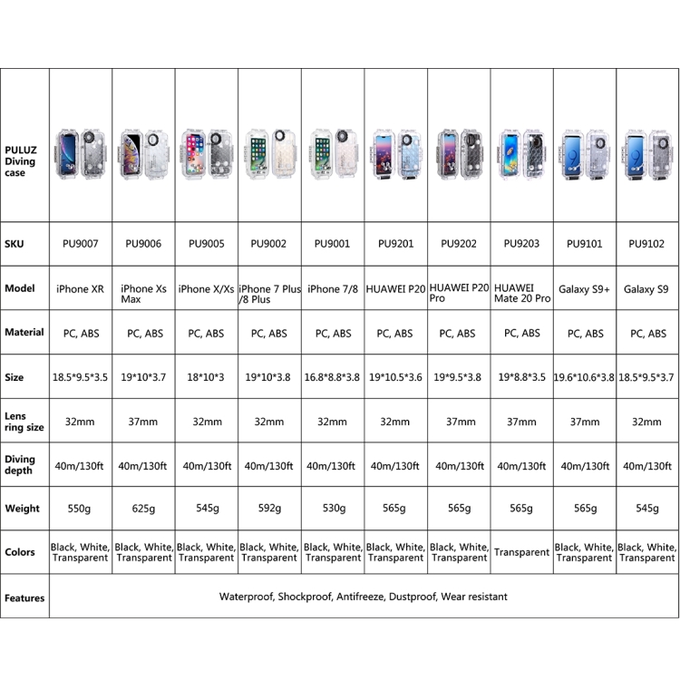 PULUZ 40m/130ft Waterproof Diving Case for Galaxy S9+, Photo Video Taking Underwater Housing Cover, Only Support Android 8.0.0 or below(White) PULUZ 40m/130ft Waterproof Diving Case for Galaxy S9+, Photo Video Taking Underwater Housing Cover, Only Support Android 8.0.0 or below(White)