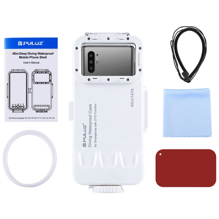 PULUZ 45m/147ft Waterproof Diving Case Photo Video Taking Underwater Housing Cover for Galaxy, Huawei, Xiaomi, Google Android Smartphones with OTG Function(White) PULUZ 45m/147ft Waterproof Diving Case Photo Video Taking Underwater Housing Cover for Galaxy, Huawei, Xiaomi, Google Android Smartphones with OTG Function(White)