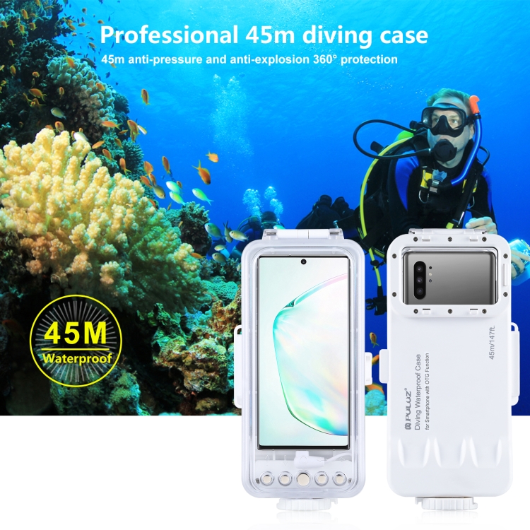 PULUZ 45m/147ft Waterproof Diving Case Photo Video Taking Underwater Housing Cover for Galaxy, Huawei, Xiaomi, Google Android Smartphones with OTG Function(White) PULUZ 45m/147ft Waterproof Diving Case Photo Video Taking Underwater Housing Cover for Galaxy, Huawei, Xiaomi, Google Android Smartphones with OTG Function(White)