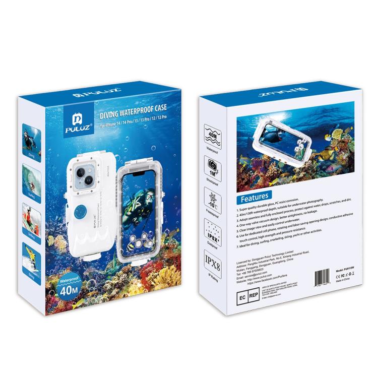 [US Warehouse] PULUZ 40m/130ft Waterproof Diving Case for iPhone 16 / 15 / 15 Pro / 14 / 14 Pro / 13 / 13 Pro / 12 / 12 Pro, with One-way Valve Photo Video Taking Underwater Housing Cover