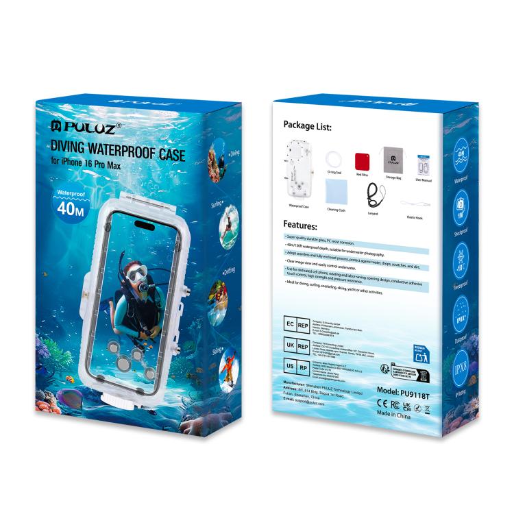 For iPhone 16 Pro Max PULUZ 40m/130ft Waterproof Diving Case Photo Video Taking Underwater Housing Cover (Transparent)