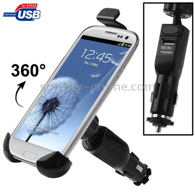 Universal Car Mount with 5V / 1.5A USB Charger for Galaxy S III / i9300 / iPhone 4 & 4S / 3GS / Smart Phone, Support 360 Degree Rotation, Height: 108-135mm(Black) Universal Car Mount with 5V / 1.5A USB Charger for Galaxy S III / i9300 / iPhone 4 & 4S / 3GS / Smart Phone, Support 360 Degree Rotation, Height: 108-135mm(Black)