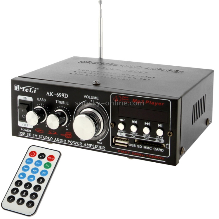 Amplificateur de puissance HiFi Audio stéréo MP3 avec télécommande, prise  en charge de la carte FM USB SD MMC, lecteur numérique 180W + 180W  (AK-699D) (noir)
