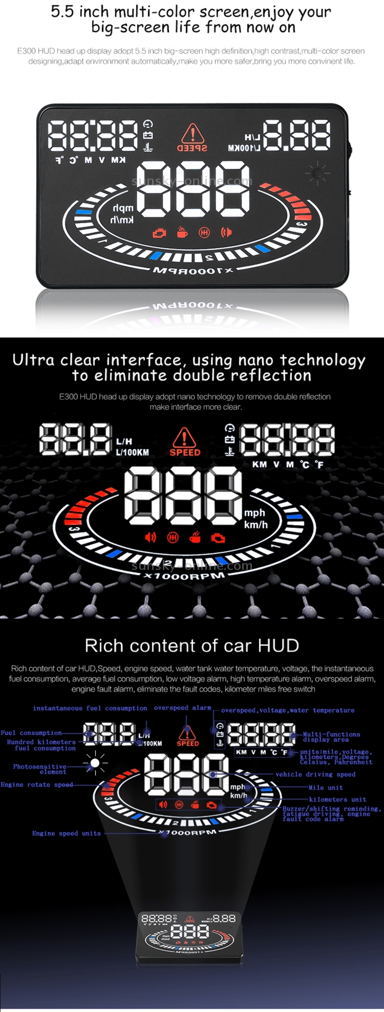 E300 5.5 pulgadas de coches OBDII / EUOBD HUD Head Up Display Sistema de seguridad, Soporte velocidad y consumo de combustible, alarma de exceso de velocidad, consumo de combustible, temperatura del agua, etc (Negro) montados en vehículos - 9