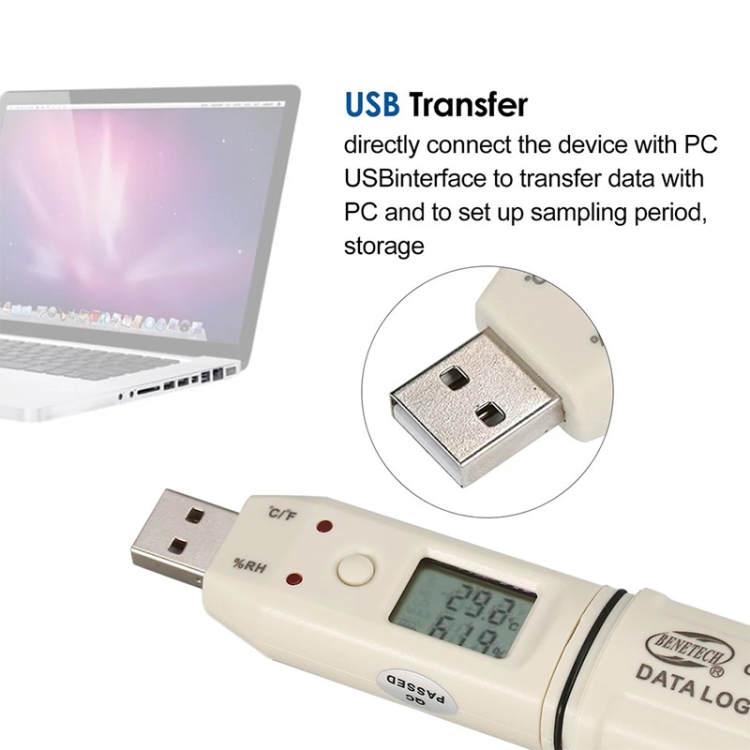 DF-FR BENETECH GM1365 Enregistreur de données dhumidité température Compteur LCD Numérique Automatique USB Disque Flash Type de Stylo Enregistreur Thermomètre Blanc 