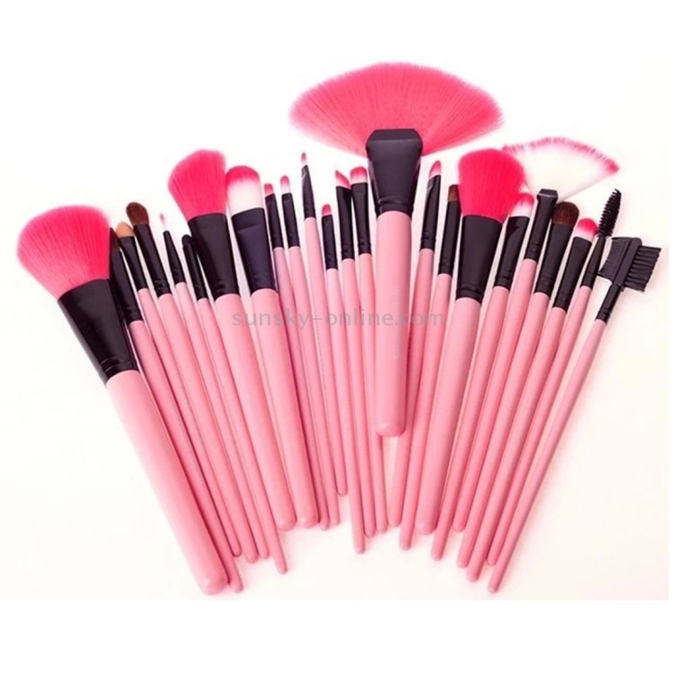 24 pinceles de maquillaje con mango rosa de pelo de cabra y estuche rosa - 1