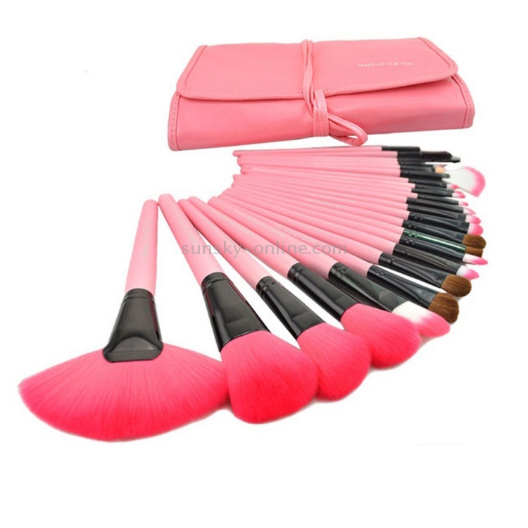 24 pinceles de maquillaje con mango rosa de pelo de cabra y estuche rosa - 2