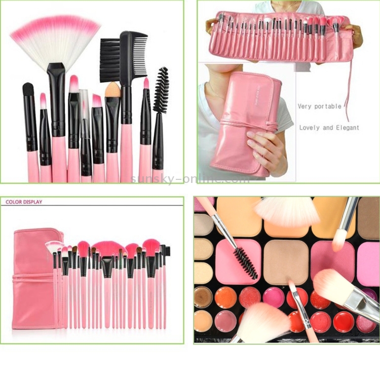 24 pinceles de maquillaje con mango rosa de pelo de cabra y estuche rosa - 5