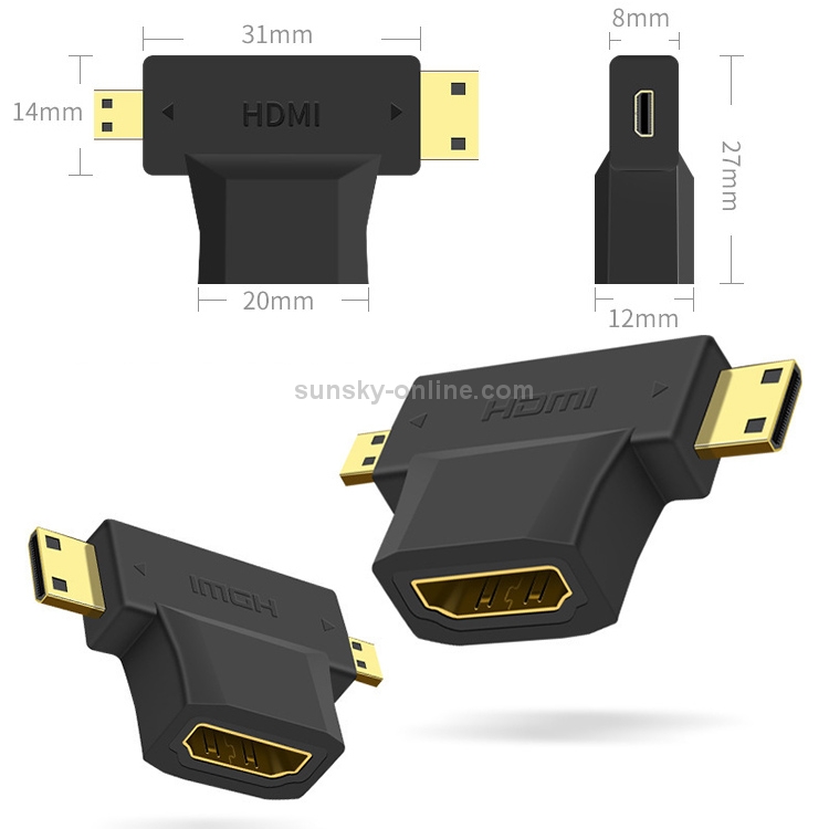 Adaptador 3 en 1 HDMI hembra a Mini HDMI macho + Micro HDMI macho (negro) - 1