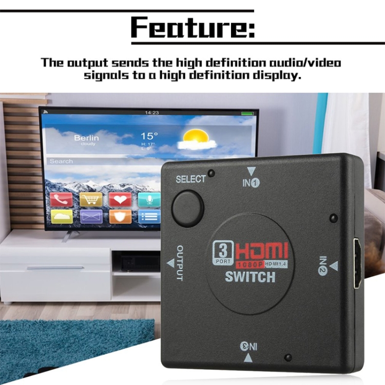 Conmutador HDMI 1080P de 3 puertos (negro) - 6