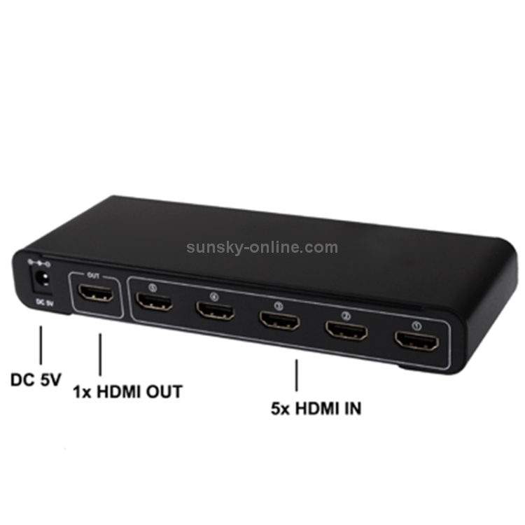 Conmutador HDMI Full HD 1080P de 5 puertos con conmutador y control remoto, versión 1.3 (entrada HDMI de 5 puertos, salida HDMI de 1 puerto) (negro) - 2