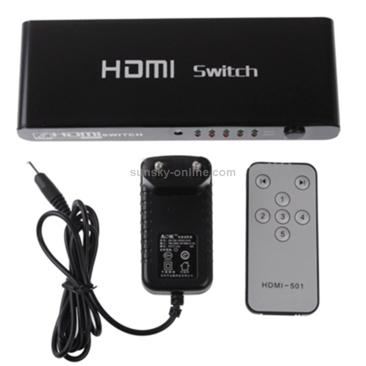 Conmutador HDMI Full HD 1080P de 5 puertos con conmutador y control remoto, versión 1.3 (entrada HDMI de 5 puertos, salida HDMI de 1 puerto) (negro) - 3