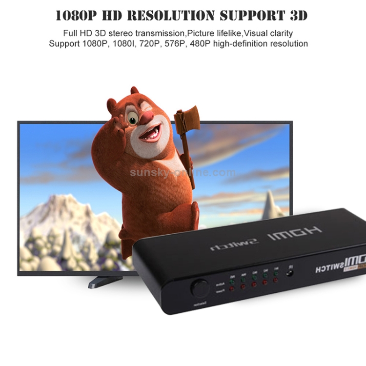 Conmutador HDMI Full HD 1080P de 5 puertos con conmutador y control remoto, versión 1.3 (entrada HDMI de 5 puertos, salida HDMI de 1 puerto) (negro) - 5