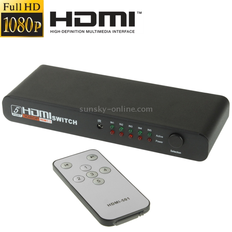 Conmutador HDMI Full HD 1080P de 5 puertos con control remoto e indicador LED (negro) - 1
