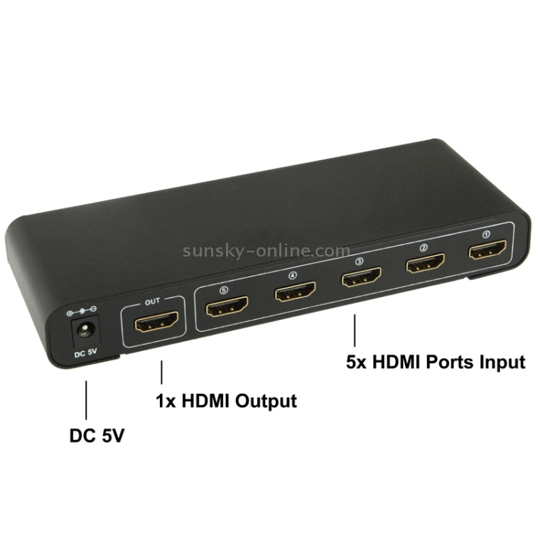 Conmutador HDMI Full HD 1080P de 5 puertos con control remoto e indicador LED (negro) - 2