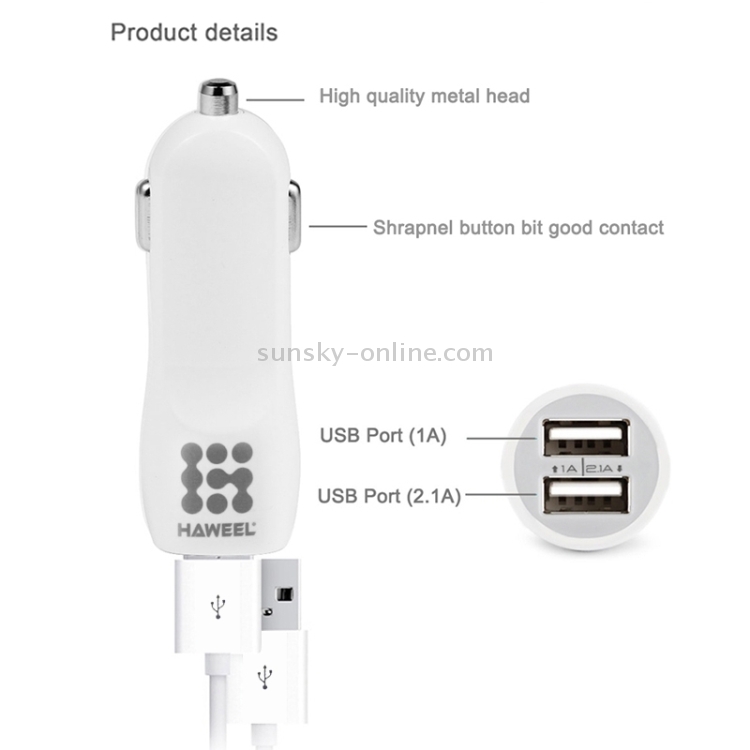 [US Warehouse] HAWEEL High Quality 2.1A + 1A Dual USB Ports Car Charger(White)