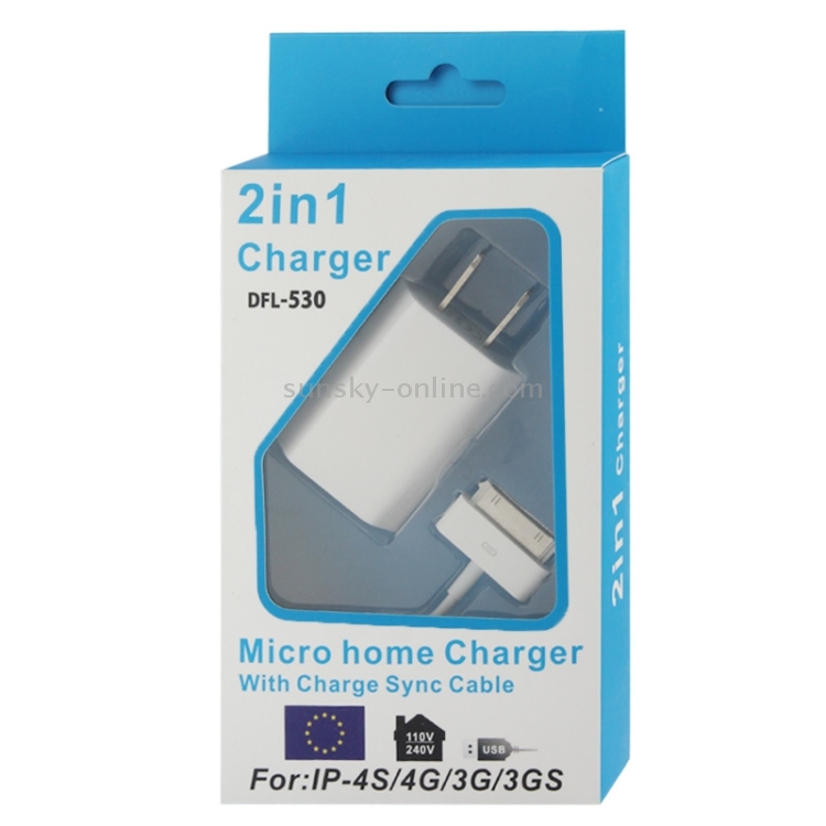 1m 2 in 1 US Plug USB Charger with 30 Pin Data / Charging Cable 1m 2 in 1 US Plug USB Charger with 30 Pin Data / Charging Cable