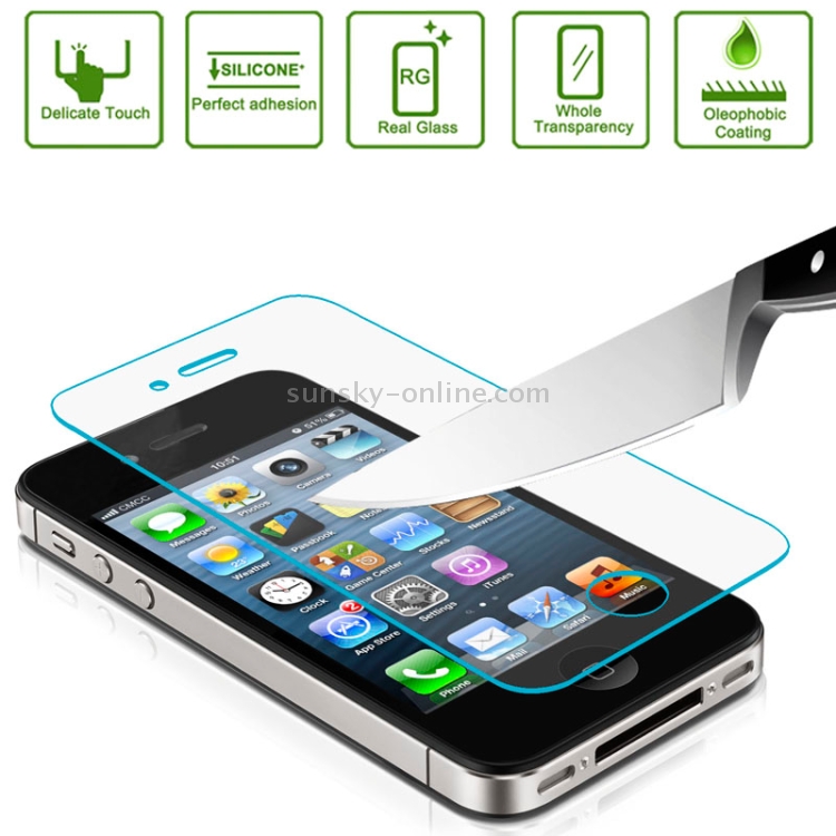 0.3mm Ultra-thin Explosion-proof Tempered Glass Film with 4 x Button Sticker for iPhone 4 & 4S(Transparent)