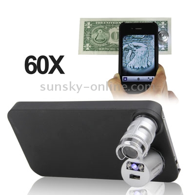 60X Mini Digital Microscope Magnification with 2 LED Lights / UV Light / Plastic Case for iPhone 4 & 4S(Black)