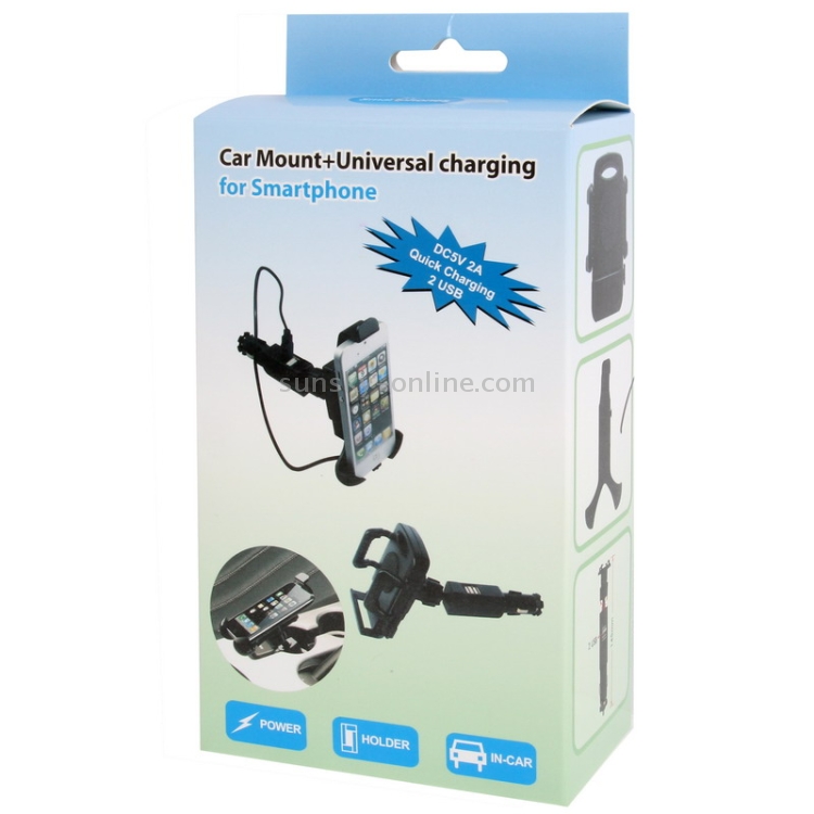 5V 2A Universal 360 Degree Rotatable Car Mount with 2 USB Charger, Adjustable Width: 115-150mm 5V 2A Universal 360 Degree Rotatable Car Mount with 2 USB Charger, Adjustable Width: 115-150mm