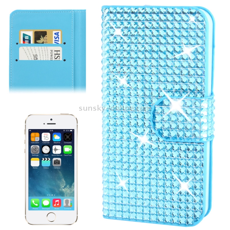 Rubbery Diamond Encrusted Horizontal Flip Leather Case with Credit Card Slots for iPhone 5 & 5s & SE & SE (Blue) Rubbery Diamond Encrusted Horizontal Flip Leather Case with Credit Card Slots for iPhone 5 & 5s & SE & SE (Blue)