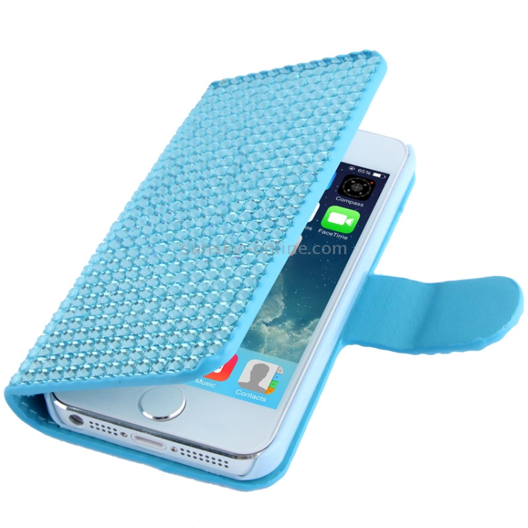 Rubbery Diamond Encrusted Horizontal Flip Leather Case with Credit Card Slots for iPhone 5 & 5s & SE & SE (Blue) Rubbery Diamond Encrusted Horizontal Flip Leather Case with Credit Card Slots for iPhone 5 & 5s & SE & SE (Blue)