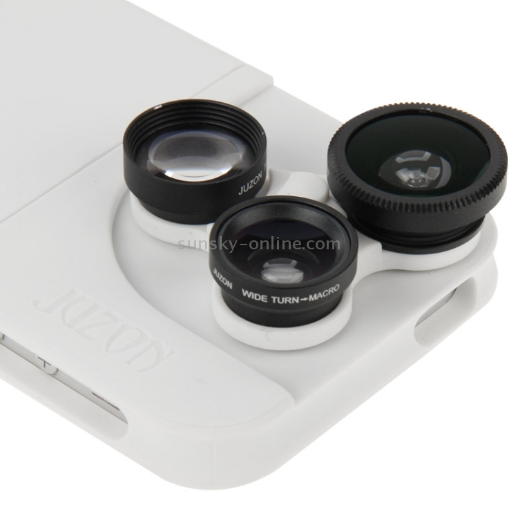 JUNZON 4 in 1 180 Degrees Fisheye Lens + Wide Turn Macro Lens + 2x Telephoto Lens with Detachable Plastic Phone Case for iPhone 5 & 5S(White) JUNZON 4 in 1 180 Degrees Fisheye Lens + Wide Turn Macro Lens + 2x Telephoto Lens with Detachable Plastic Phone Case for iPhone 5 & 5S(White)
