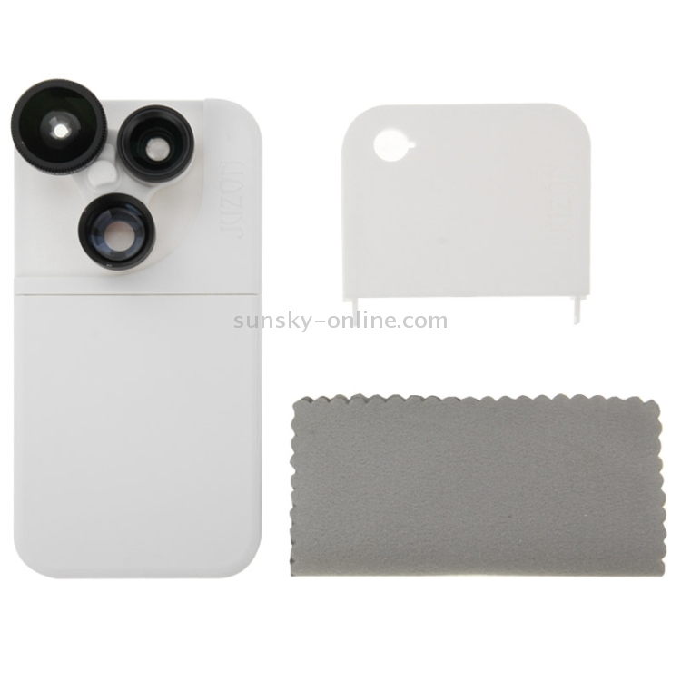 JUNZON 4 in 1 180 Degrees Fisheye Lens + Wide Turn Macro Lens + 2x Telephoto Lens with Detachable Plastic Phone Case for iPhone 5 & 5S(White) JUNZON 4 in 1 180 Degrees Fisheye Lens + Wide Turn Macro Lens + 2x Telephoto Lens with Detachable Plastic Phone Case for iPhone 5 & 5S(White)